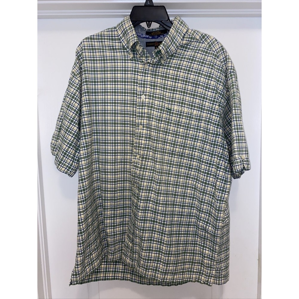tommy hilfiger XL plaid yellow green blue mens button down short sleeve shirt